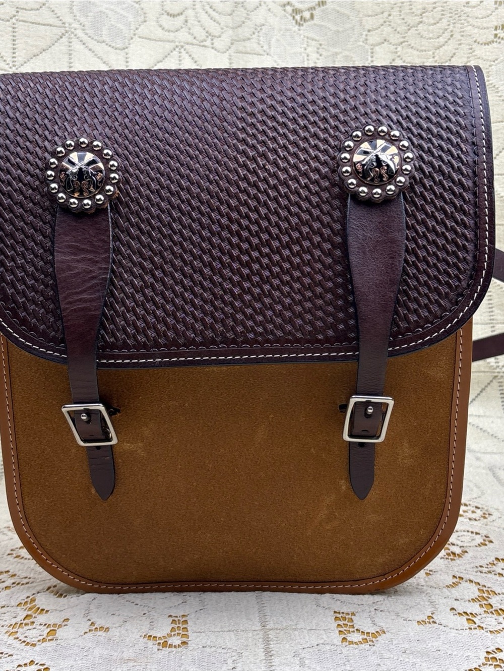 Hand Tooled Basket Weave Leather Large Backpack Purse Gun Conchos